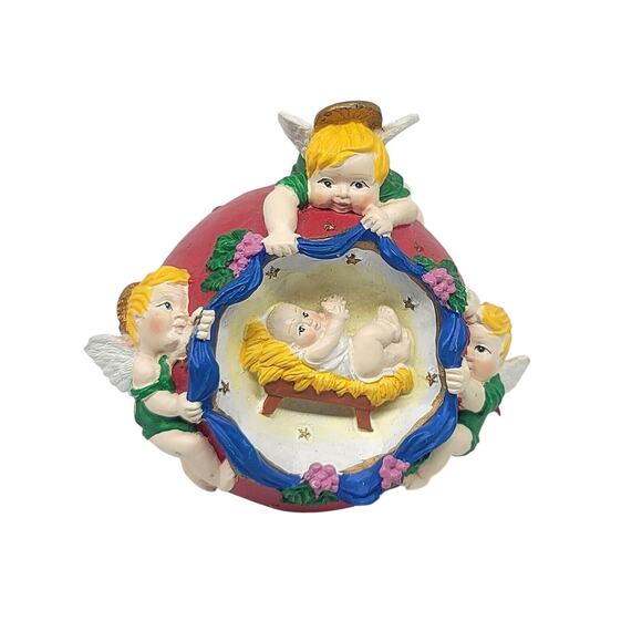 Vintage Beautiful Angels Watching Over Baby Jesus In Manger Christmas Ornament - Picture 1 of 6
